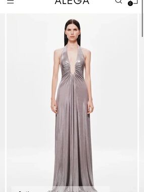 Alega Backless Metallic Silver Halter Maxi Dress
